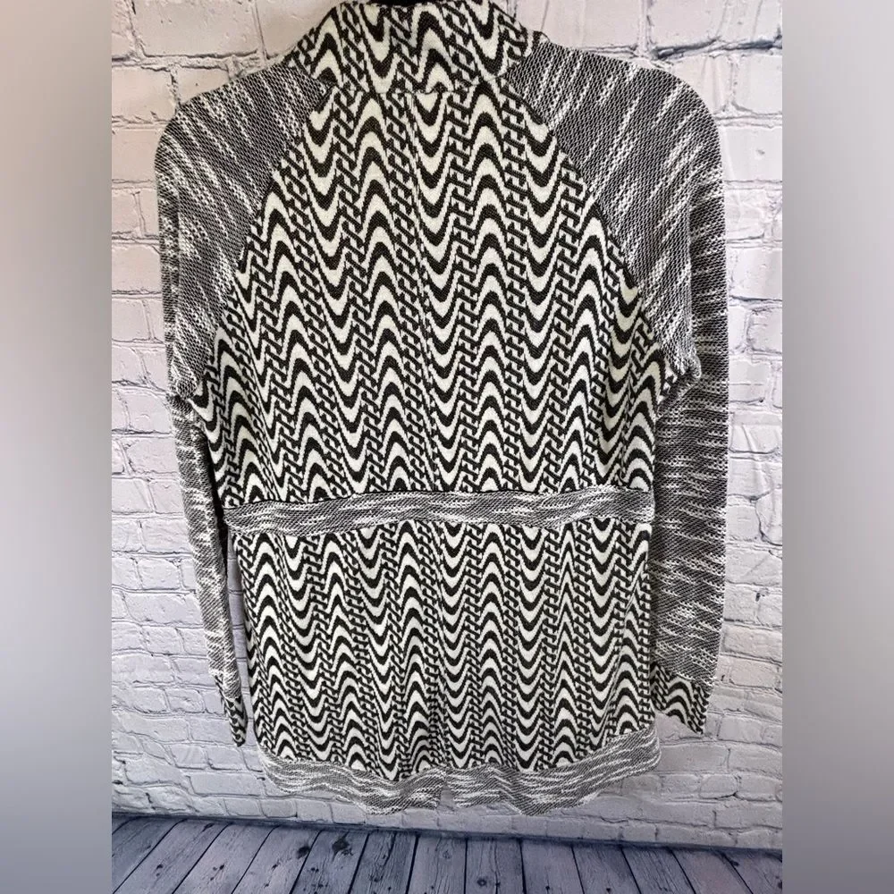 Skies are Blue Black White Boho Geo Zip Front Tie Waist Jacket Cardigan Size S